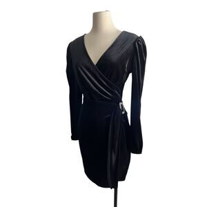 Quiz Velvet Black Dress Wrap Skirt Belted Size 10 Elegant Whimsigoth Party‎